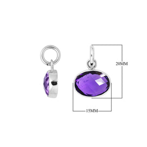 Sterling Silver oval pendant charm featuring a faceted Amethyst Quartz stone with polished finish