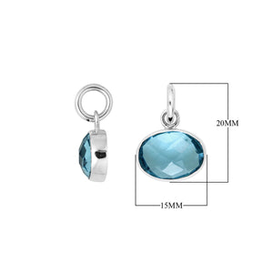 Sterling Silver oval pendant charm featuring faceted Blue Topaz Quartz stone