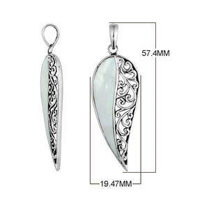 925 sterling silver long leaf pendant with mother of pearl and intricate Balinese scrollwork pattern