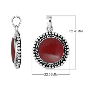 925 sterling silver round pendant with red coral and rope beaded border handcrafted in Bali