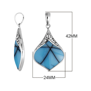 Sterling Silver Drop Shape Pendant With Polished Turquoise Shell And Balinese Design