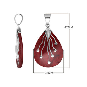 Sterling Silver Teardrop Shape Red Coral Pendant With Silver Wave Design