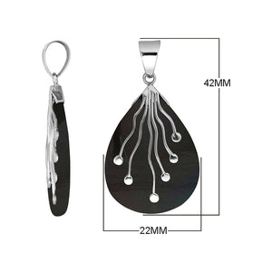 Wholesale sterling silver teardrop pendant with natural black shell and flowing silver wire accents – handcrafted artisan jewelry for retailers and resellers.