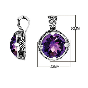 Sterling Silver Round Shape Amethyst Quartz Pendant With Balinese Carved Design