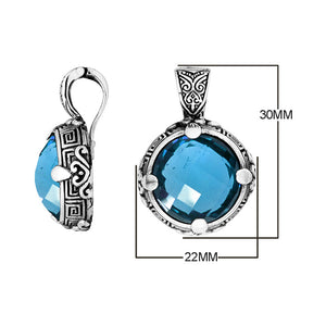 Sterling Silver Round Shape Blue Topaz Quartz Pendant With Balinese Carved Design