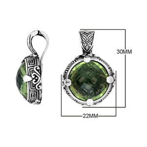 Sterling Silver Round Shape Green Amethyst Quartz Pendant With Balinese Carved Design