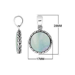 Round sterling silver pendant with mother of pearl and Balinese pattern handcrafted in Bali.