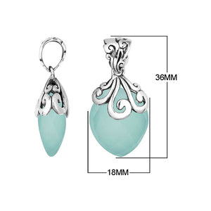 Handcrafted 925 Sterling Silver Green Chalcedony Quartz marquise pendant featuring elegant swirl filigree detailing, mirror-polished finish, and artistic Balinese craftsmanship for wholesale jewelry collections.
