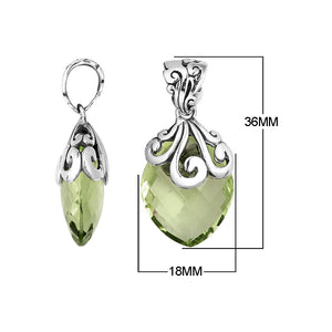 Handcrafted 925 Sterling Silver Green Amethyst Quartz marquise pendant with swirl filigree detailing, mirror-polished finish, and classic Balinese design for wholesale jewelry collections.