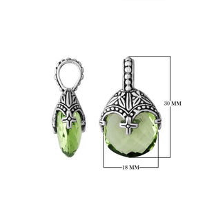 Sterling silver heart pendant with green amethyst quartz and ornate Balinese handcrafted pattern