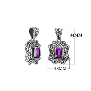 Handcrafted sterling silver rectangular pendant with Amethyst Quartz center and traditional Balinese motif design.