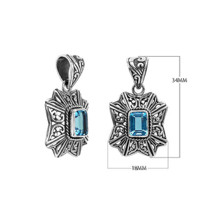 Sterling silver rectangular pendant with Blue Topaz Quartz and handcrafted Balinese filigree design.