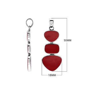 Sterling silver triple-shape pendant featuring Red Coral stones with smooth polished surface and elegant Balinese craftsmanship.