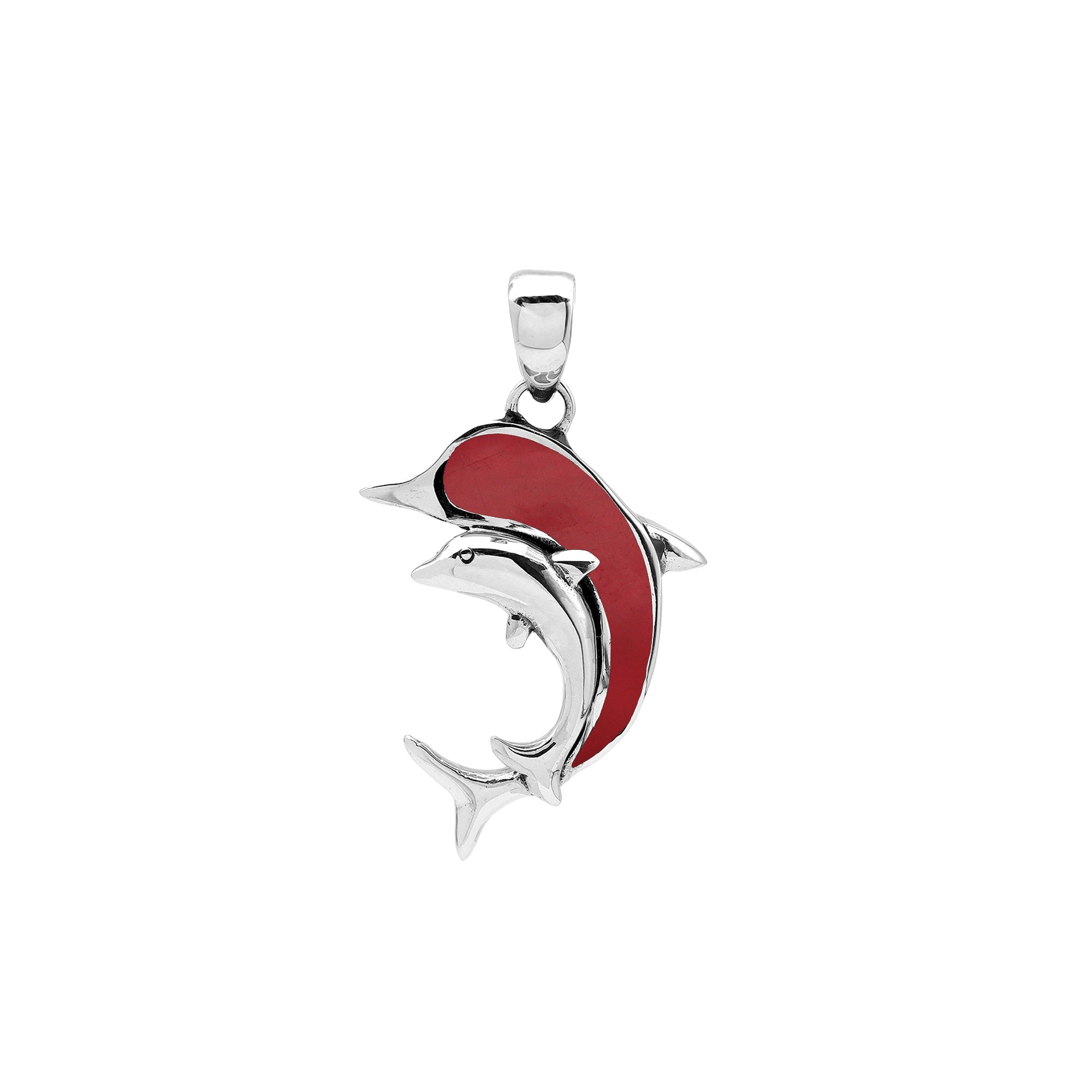 Sterling silver dolphin pendant with red coral inlay and traditional Balinese craftsmanship featuring a polished mirror finish.