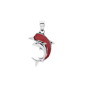 Sterling silver dolphin pendant with red coral inlay and traditional Balinese craftsmanship featuring a polished mirror finish.
