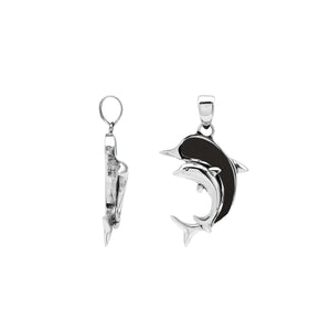 Sterling silver dolphin pendant with black shell inlay and traditional Balinese craftsmanship featuring a polished mirror finish.