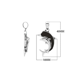 Sterling silver dolphin pendant with black shell inlay and traditional Balinese craftsmanship featuring a polished mirror finish.