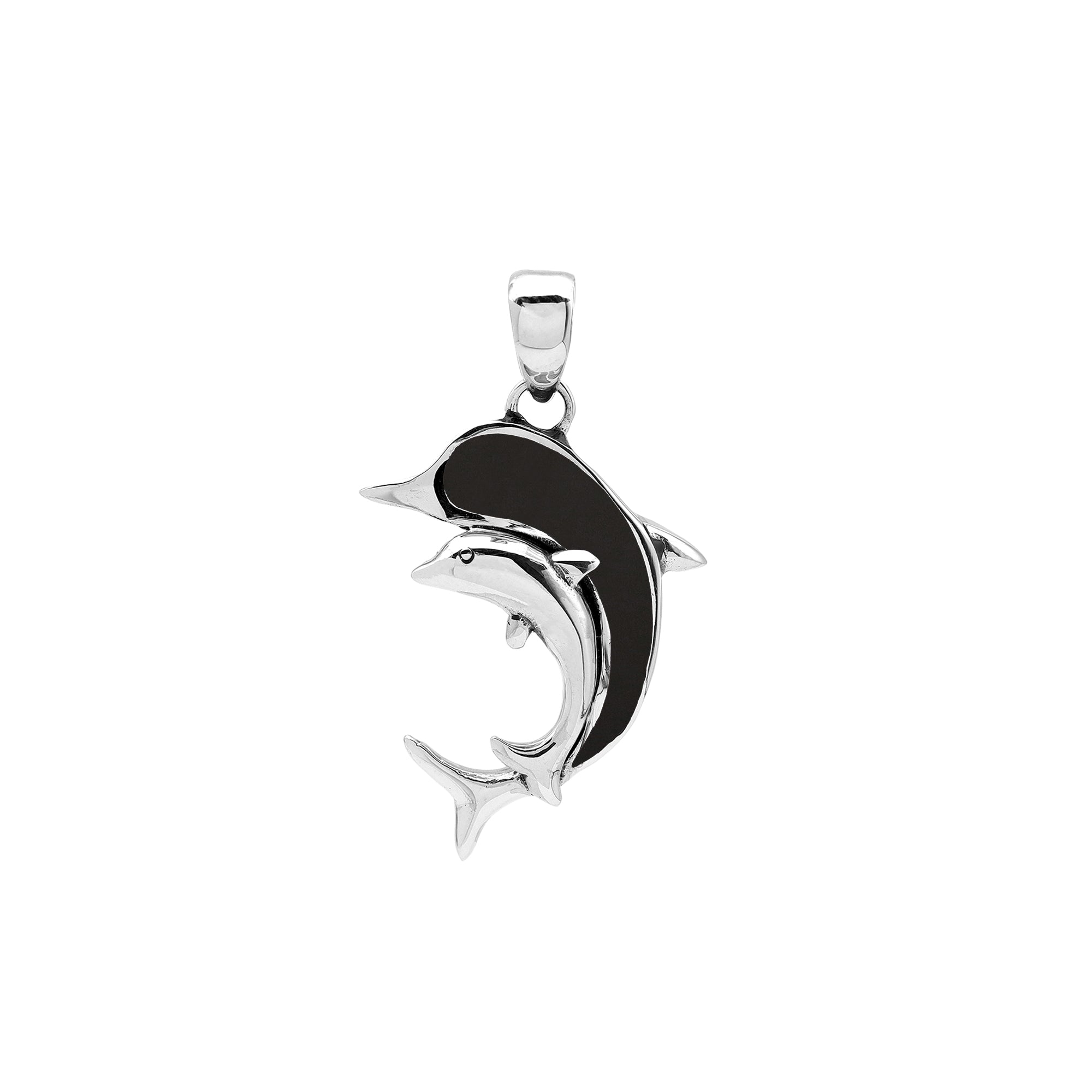 Sterling silver dolphin pendant with black shell inlay and traditional Balinese craftsmanship featuring a polished mirror finish.