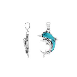 Sterling silver dolphin pendant with turquoise shell inlay and traditional Balinese craftsmanship featuring a polished mirror finish.