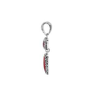 Sterling silver double heart pendant with Red Coral and Balinese patterns in polished finish.