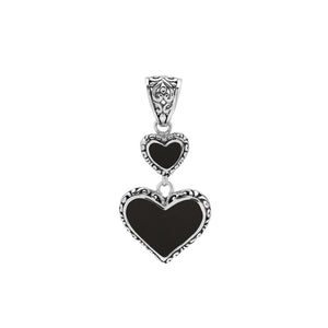 Sterling silver double heart pendant with Black Shell and Balinese detailing in polished finish.
