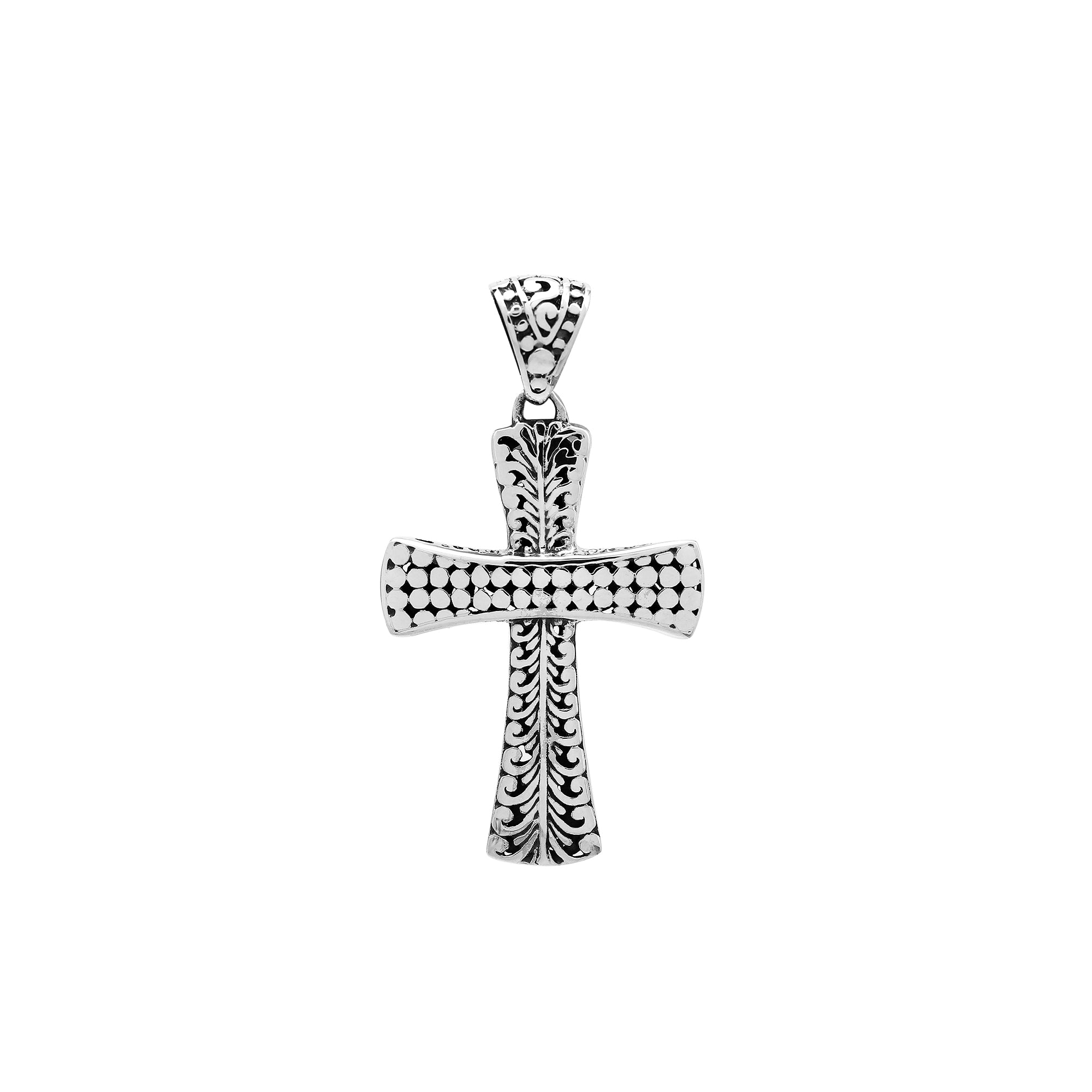 Sterling silver engraved cross pendant with Balinese detailing in polished finish.