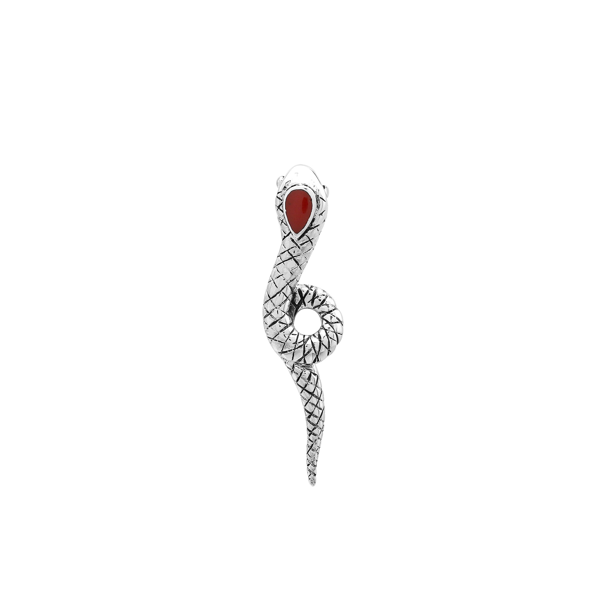 Sterling silver snake pendant with Red Coral accent and detailed scale pattern.