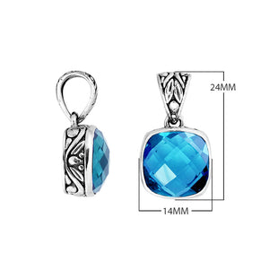 Sterling silver London Blue Topaz Quartz cushion pendant with Balinese enhancer bail.
