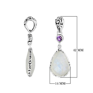 Sterling silver Rainbow Moonstone and Amethyst Quartz teardrop pendant.
