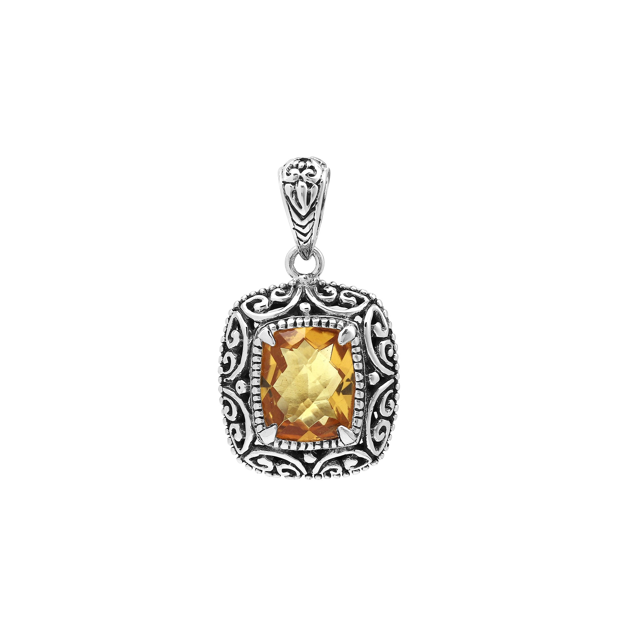 Sterling silver cushion pendant featuring a faceted Citrine Quartz centerpiece accented with intricate Balinese scroll carvings and a polished decorative frame.
