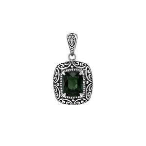 Sterling silver Green Quartz cushion cut pendant with handcrafted Balinese scrollwork detailing