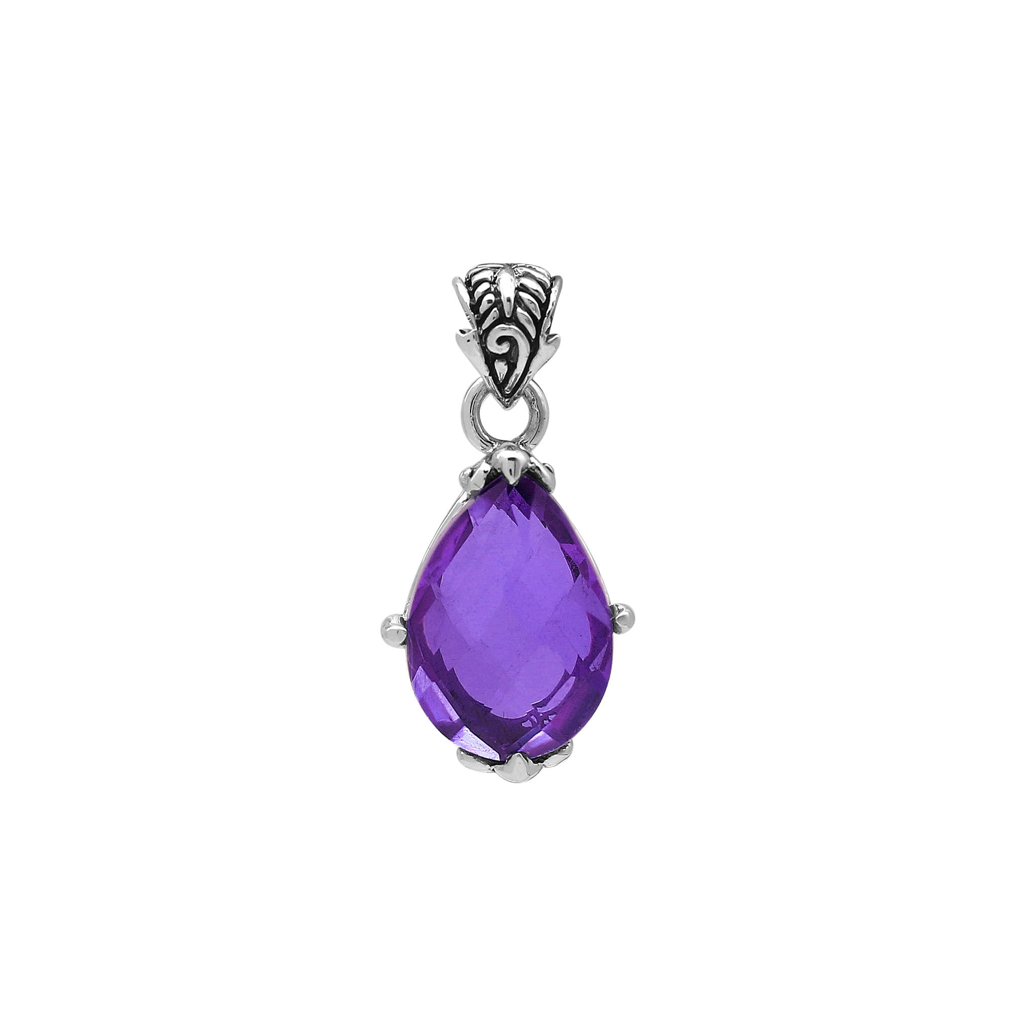 Sterling silver pear-shaped pendant featuring a faceted Amethyst Quartz centerpiece with polished prong-setting and traditional Balinese carved ornamental accents.