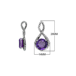 Sterling silver twisted loop pendant featuring a faceted Amethyst Quartz centerpiece with polished round setting and detailed Balinese engraved accents.