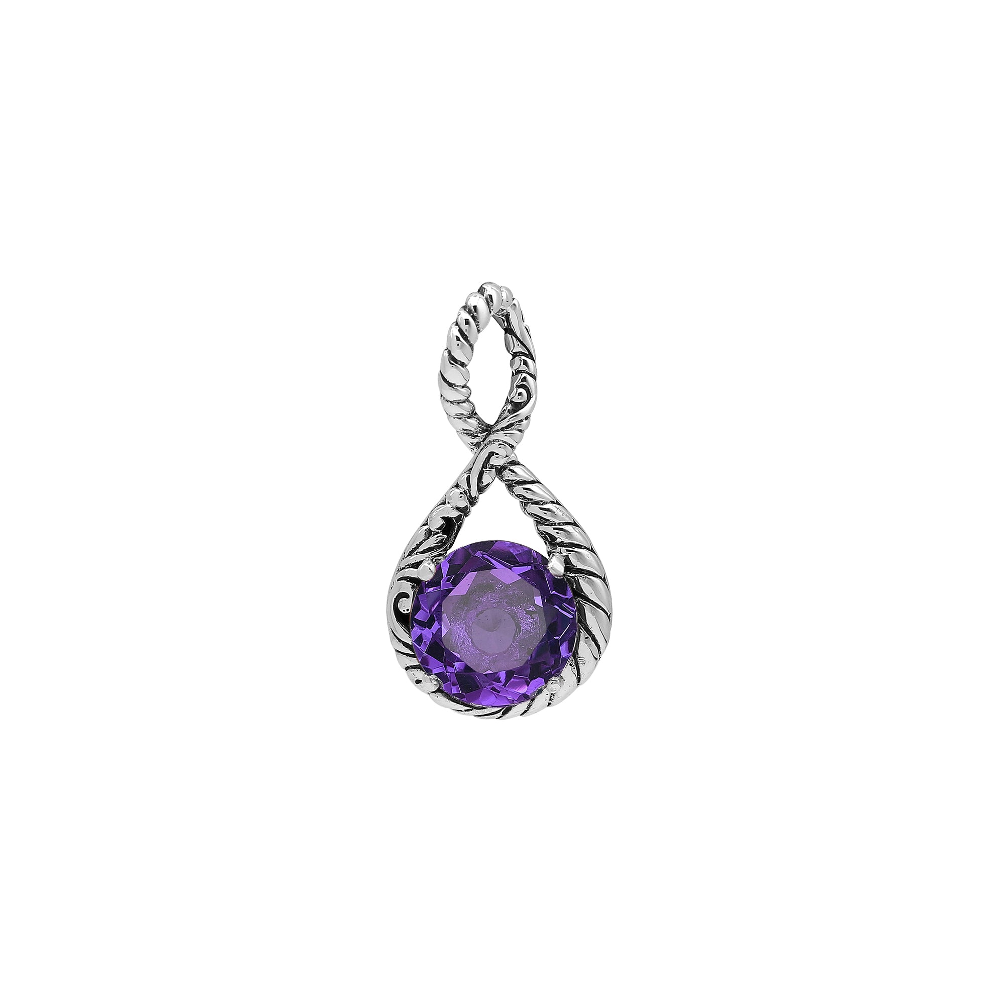 Sterling silver twisted loop pendant featuring a faceted Amethyst Quartz centerpiece with polished round setting and detailed Balinese engraved accents.