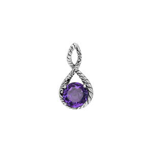 Sterling silver twisted loop pendant featuring a faceted Amethyst Quartz centerpiece with polished round setting and detailed Balinese engraved accents.