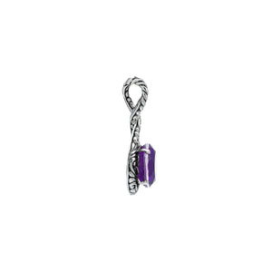 Sterling silver twisted loop pendant featuring a faceted Amethyst Quartz centerpiece with polished round setting and detailed Balinese engraved accents.