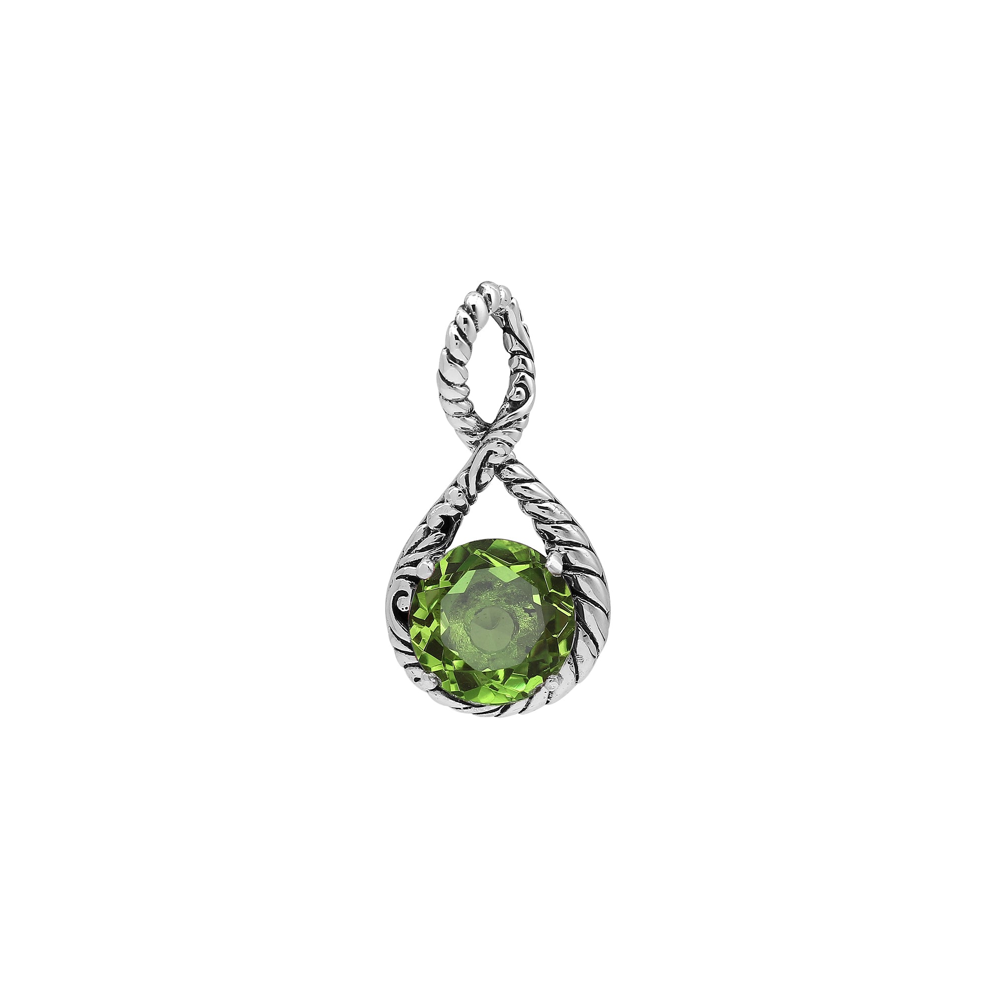 Sterling silver twisted loop pendant featuring a round Peridot Quartz centerpiece with carved Balinese engraving and polished artistic round design.