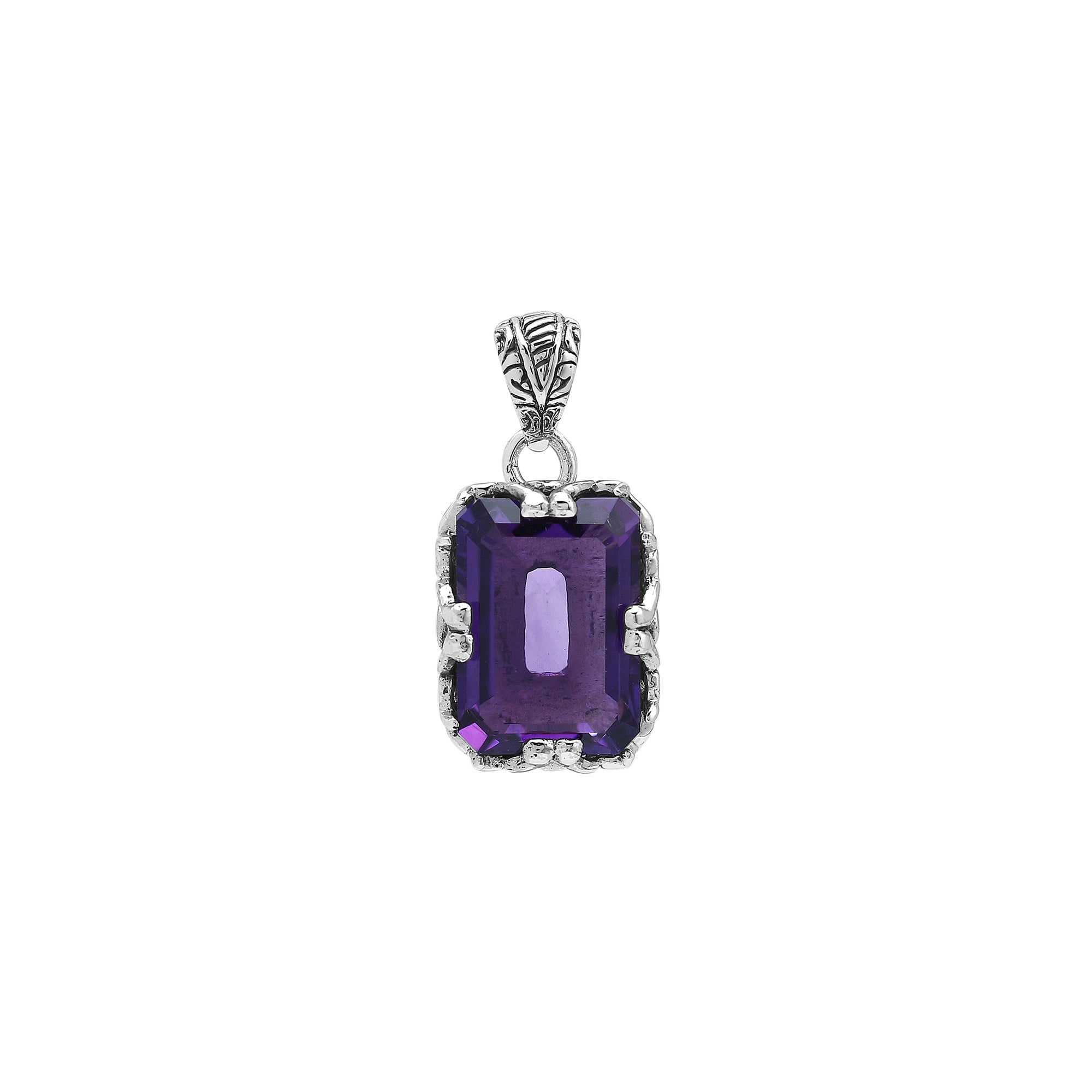 Emerald-cut Amethyst Quartz pendant crafted in polished 925 sterling silver with decorative filigree side detailing and a clean, structured wholesale-friendly design