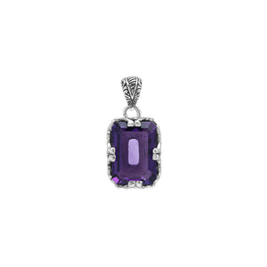 Emerald-cut Amethyst Quartz pendant crafted in polished 925 sterling silver with decorative filigree side detailing and a clean, structured wholesale-friendly design