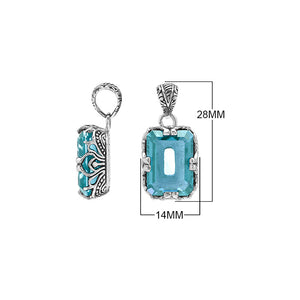 Blue Topaz Quartz emerald-cut pendant crafted in polished 925 sterling silver with decorative filigree side detailing and a refined structure for wholesale buyers