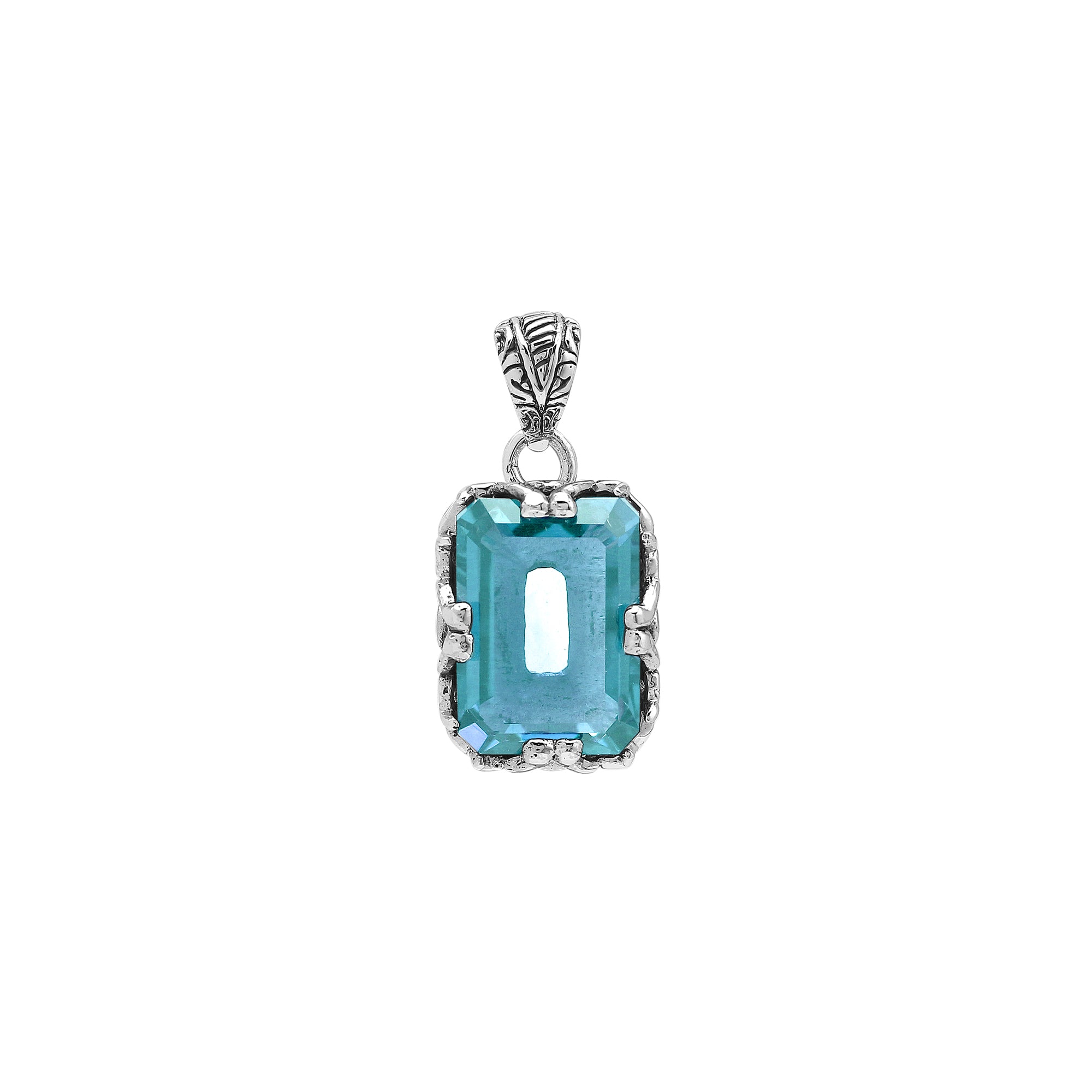 Blue Topaz Quartz emerald-cut pendant crafted in polished 925 sterling silver with decorative filigree side detailing and a refined structure for wholesale buyers