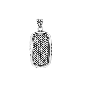 Wholesale sterling silver rectangle pendant with Bali weave pattern and dotted border – handcrafted unisex artisan jewelry for retailers and resellers.