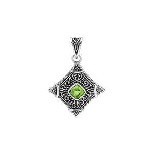 Sterling silver Peridot Quartz pendant with ornate diamond-shaped Balinese filigree