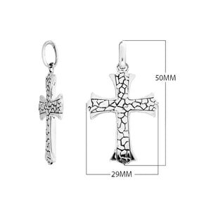 Sterling silver cross pendant featuring a cracked textured pattern, polished edges, and bold symbolic detailing suitable for wholesale jewelry collections
