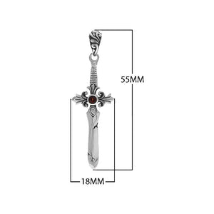 Sterling silver sword-shaped pendant with filigree guard detailing and a Red Garnet Quartz center stone designed for classic wholesale jewelry assortments