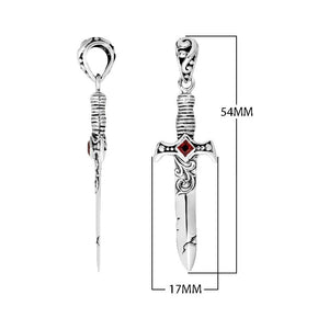 Sterling silver sword pendant featuring carved detailing and a Red Garnet Quartz centerpiece designed for classic wholesale jewelry assortments