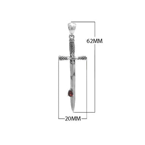 Sterling silver sword-shaped pendant with carved guard detailing and a teardrop Red Garnet Quartz accent designed for classic wholesale jewelry assortments