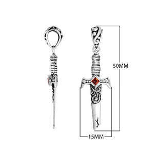 Sterling silver sword pendant with carved guard detailing and a square Red Garnet Quartz centerpiece designed for classic wholesale jewelry assortments