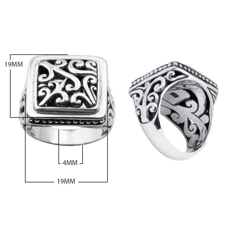 Wholesale sterling silver square signet ring with Balinese scrollwork design, oxidized and polished finish, handcrafted artisan silver jewelry for bulk supply.