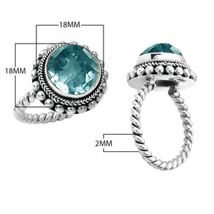 Wholesale sterling silver Bali ring with faceted Blue Topaz Quartz and twisted rope band.